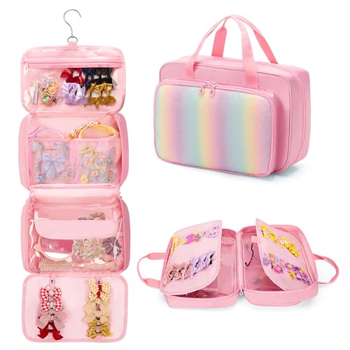 GRAOSO Hanging Hair Accessories Organizer for Baby Girls, Hair Bow Storage Bag, Travel Hair Stuff Case for Hair Clips, Hair Ties, Headbands, Scrunchies, Pink (Bag only)