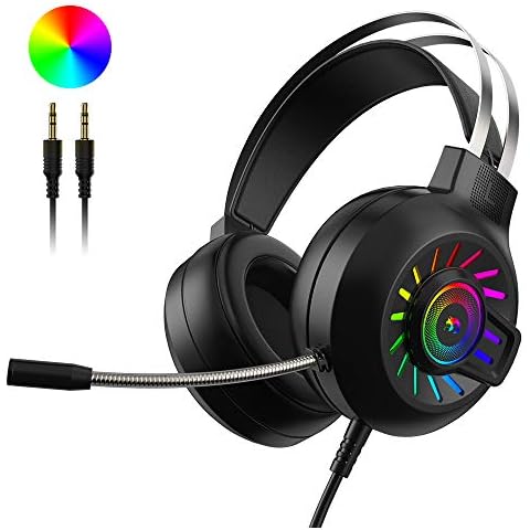 Gaming Headset, 3.5mm Stereo Wired Over-Head Gaming Headphone with RGB Rainbow Backlit, Professional Headphone Stereo Surround Sound and Noise Canceling Microphone, for PS4/ Xbox one/Mac/PC (Black) Cover