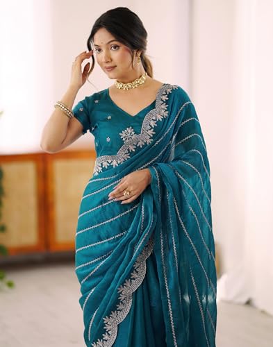 Image of SIRIL Women's Chiffon Scalloped Border Sequins Embroidery Saree with Unstitched Blouse Piece