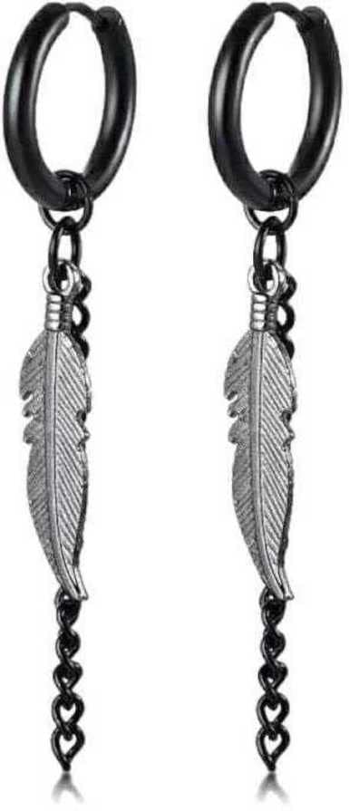 Feather Dangle Earrings for Women Men Stainless Steel Link Chain Drop Punk Ear Accessory Earring Stainless Steel Hoop Earring (PACK OF 1 PAIR) BLK/BLK-image-45