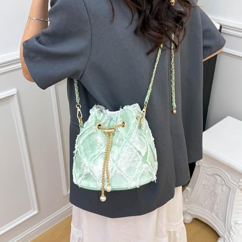 Image of Denim Bucket Bag Quilted Drawstring Jean Purses for Women Denim Clutch Hobo Bags Crossbody Handbag