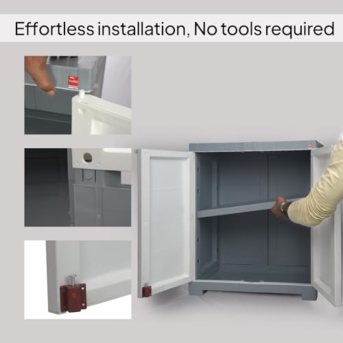 Image of Cello Novelty Compact Bookshelf, White & Grey | 2 Dustproof Doors | Space Saving Cupboard | Plastic Book Shelf | Multipurpose Book Shelf for Home, Office | Book Organizer for Library