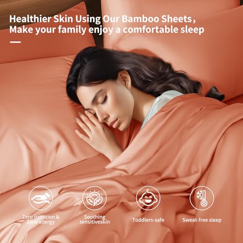 Image of Shilucheng 6 Piece Queen Sheet Sets, Cooling Sheets, Blend Rayon Derived from Bamboo, Deep Pocket Up to 16 inch, Breathable & Soft Bed Sheets, Hotel Silky Bedding Set, Coral