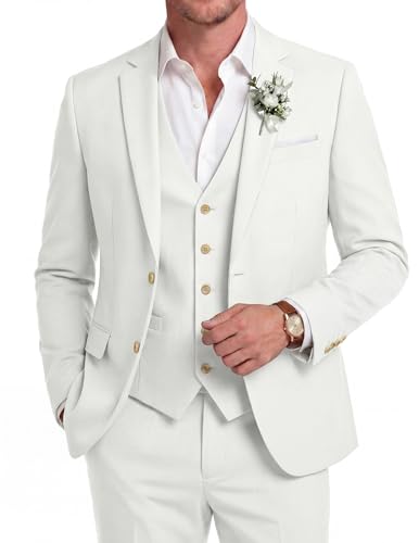 COOFANDY Mens Beach Wedding Suit 3 Piece Groom Sport Coat Travel Jacket Blazer Casual Trousers Suits Vest White