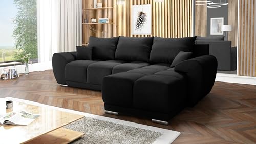 Easy4You Corner Sofa Black Plush Velvet L-Shape 291 x 85 x 183 cm with Sleep Function and Storage Space - Sofa Bed with Bed Box and Cushions - Modern Living Room Furniture - Fabric: Plush Velvet 99