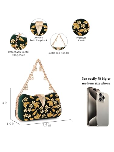 Image of TOOBA Handicraft Clutch Purse For Women with Sleek Design Embroidered Leaf Clutch| Trendy Stylish Bridal, Party, Wedding Sling Bag