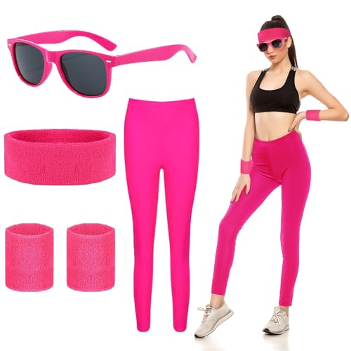 Bseical 90er 80er Jahre Outfit Damen Leggings Pink, Aerobic Kostüm Damen,...