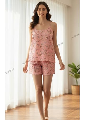 Image of Stylbase Babydoll Stylish Women Pajama Set Lingerie Night Suit Above Knee Soft Floral cami Shorts Pyjama Set with Lace Trim, Ideal for Nightwear or Lounging, Comfy (Upto L)