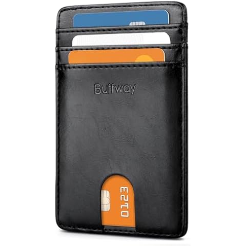 Buffway Mens Slim Wallet, Minimalist Thin Front Pocket Leather Credit Card Holder with RFID Blocking for Work Travel - Seattle Black Cover