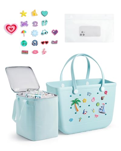 BAGSMART Large Beach Bag for Women with Cooler, Rubber Tote Bag with Charms, Waterproof Vacation Essentials for Swim Pool, Baby Blue