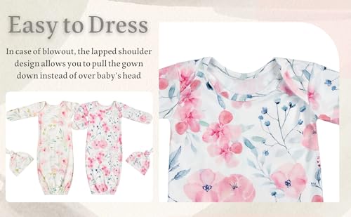 Newborn Baby Sleeper Gown with Hat Knotted Gown Nightgown Coming Home Outfits for Baby Girl 2 Pieces Set3