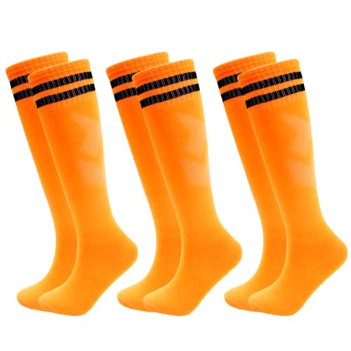 ZXOLDZX 3 Pairs Kids Soccer Socks Striped Knee High Tube Socks Football Uniform Sports Socks for Boys Girls 6-12 Years Old (US Alpha One Size Regular 3pairs-orange)