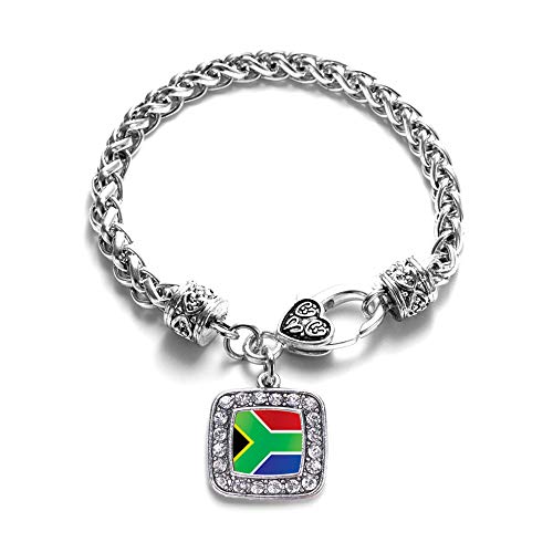 Inspired Silver - South Africa Flag - Silver Braided Bracelet for Women - Square Charm Bracelet Jewelry Gift with Cubic Zirconia - Women's Charm Bracelet with Lobster Claw Clasp