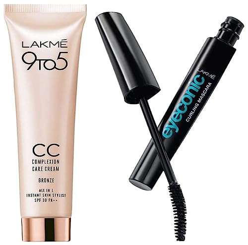 Image of Lakme Eyeconic Lash Curling Mascara, Black, 9ml & Lakme 9 to 5 CC Cream, 03 - Bronze, Light Face Makeup with Natural Coverage, SPF 30 - Tinted Moisturizer to Brighten Skin, Conceal Dark Spots, 30 g