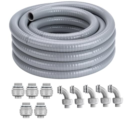 Geowaky 1/2 Inch 150 FT Liquid-Tight Conduit and Connector Kit Non Metallic Flexible Conduit Electrical Kit - 5 Straight and 5 Angle Fittings Included for Electrical Wiring