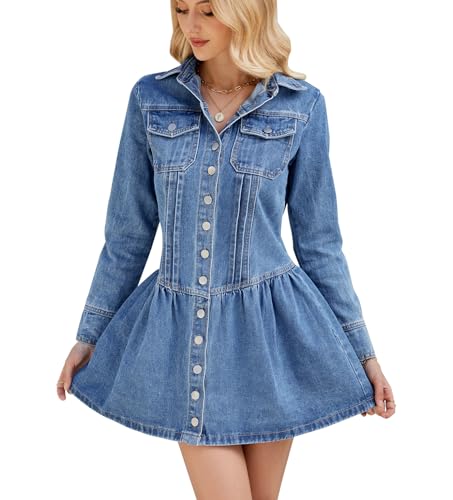 Womens Denim Mini Dress Button Down Long Sleeve Lapel Collared Vintage Retro Jean Dress