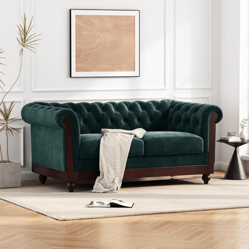 Gubaiao Forest Green Velvet Loveseat Sofa, Chesterfield Rolled Arm Tufted Couch with Sturdy Pine Frame for Living Room, Bedroom & Small Spaces
