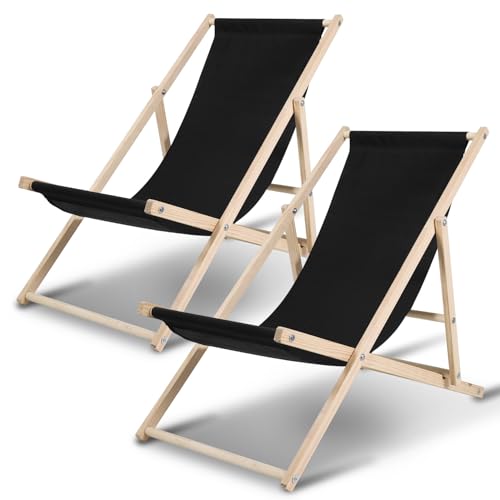 Jaxguom Lot de 2 chaises longues pliables en bois de pin avec dossier à 3 niveaux, charge maximale : 120 kg, Oxford 420D, lot de 2 pour balcon, plage et...