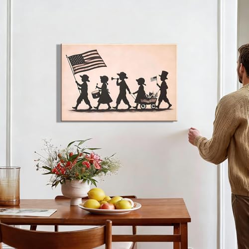 Image of RIBNTAK Vintage Kids Patriotic Parade Wall Art for Kids Room, American Flag Silhouette Poster for Home Office Decor, 4th of July Pictures Wall Decor, Unique Independence Day Canvas Prints