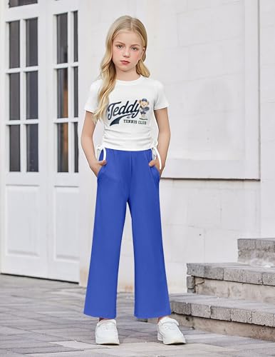 Image of Arshiner Girls 2 Piece Outfit Ruched Drawstring Tops and Wide Leg Pants Set