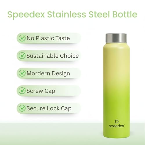 Image of Speedex Stainless Steel Water Bottle 1 Ltr, Leak Proof Screw Cap, BIS Approved 1000 ml Metal Bottle For Daily, Office, School, Gym, Travel Use for Men, Women, Kids, Adults, Lime Green, Set of 2