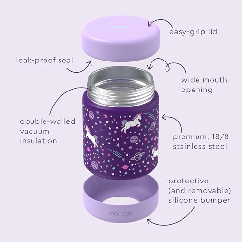 Image of Bentgo Kids Stainless Steel Leak-Proof Food Jar for Hot or Cold Food | 11 fl oz Double Insulated Container with Removable Silicone Bumper, Dishwasher Safe, Easy Open Lid, Ages 3+ (Unicorn)