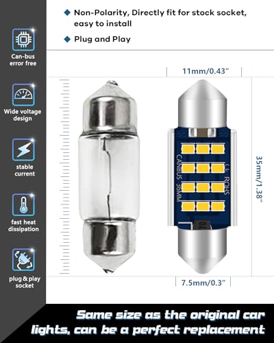 Alopee 6-Pack 6418 LED Bulb C5W 1.42" Festoon Warm White 3000K miniatura 2
