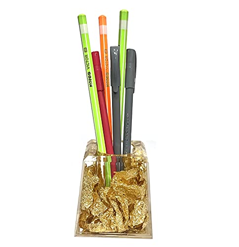 Image of AUGEN Pen Stand Decorative Square Gold Flake Design Stationery Holder | Gift Item | Table Top Decor (9853)