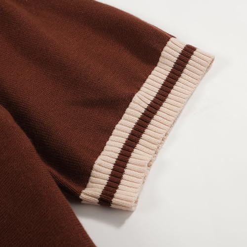 OXKNIT Mens Retor Polo Striped Brown V-Neck Knitted Shirt 1960s Mod Style Vintage Collared T Shirt4