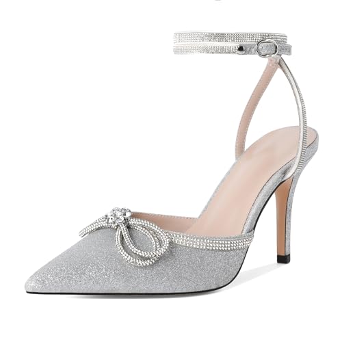 Joseywade Rhinestone Bow Heels High Stiletto Pumps Closed Pointed Toe Women Lace-up Strappy Ankle Strap Shoes for Bridal Brides