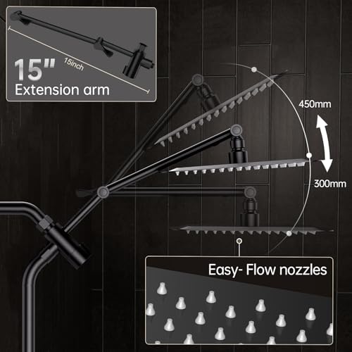 Image of Veken All Metal 10 inch Black Shower Head with Handheld, Luxurious Square Double Rain Shower Heads with Power Wash Hand Held,Dual High Pressure Detachable Rainfall Showerhead with Arm,Bathroom,Matte Black