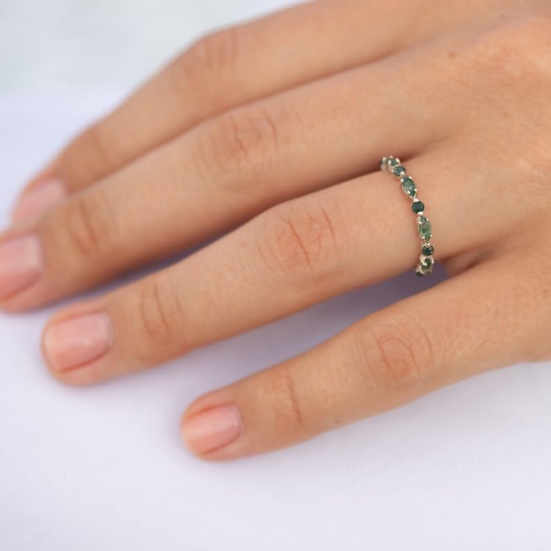 Minimalist tiny natural marquise & round moss agate women wedding band Dainty moss agate ring Delicate moss gate promise ring for her (US 8)