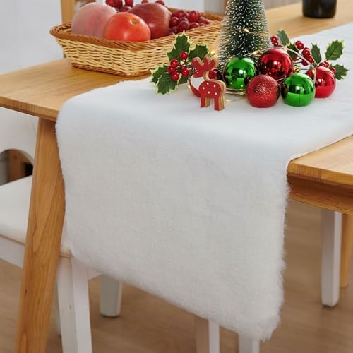 Christmas Table Runner White, Faux Fur Table Decoration for Winter Home Holiday Party, Dresser, Birthday, Xmas, Thanksgiving, Wedding Dinning Table Decor Runners (11.8x59.1 inch)