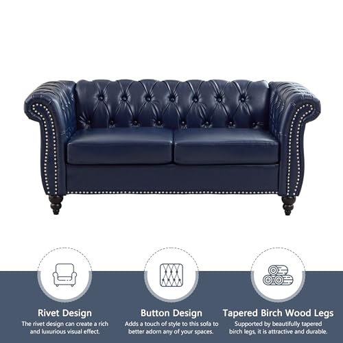 Image of QHITTY 2 Piece Living Room Set, Sectional Chesterfield Sofa Contemporary Upholstered Artificial Leather Loveseat Couch Sets for Living Room, Bedroom, Office (Blue)