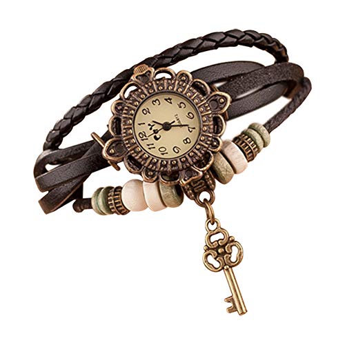 CAOLATOR Pulsera Cuero Reloj Retro Brazalete con Cuentas Brazalete Pulsera Ajustable Pulseras Reloj de Cuero Unisex Intercambiable (Marrón)