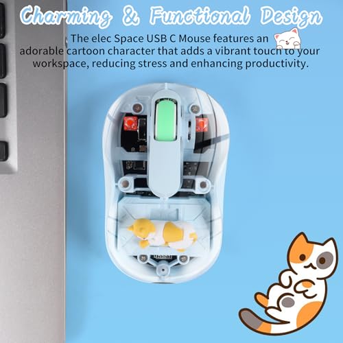 Image of elec Space Cute Wireless USB C Mouse - Bluetooth Triple Mode Rechargeable Cartoon Mouse for Laptops, iPads & MacBook Air /Pro - Silent Operation, Portable Design, Unique Magnetic Character (Blue)