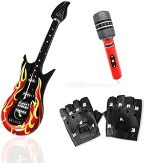 VIKSAUN 3 Pack Punk Rocker Party Kit, Punk Rocker Gloves, Large Inflatable Guitar, Inflatable Microphone, 70s 80s 90s Heavy Metal Disco Costume Accessories for Men Women Party (3 Pack)