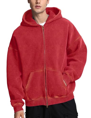 Dnzzs Mens Zip Up Hoodie Oversized Acid Wash Hoodie Heavyweight Fleece Full Zipper Vintage Sweatshirt Fall Fashion Zip Jacket,Red,L
