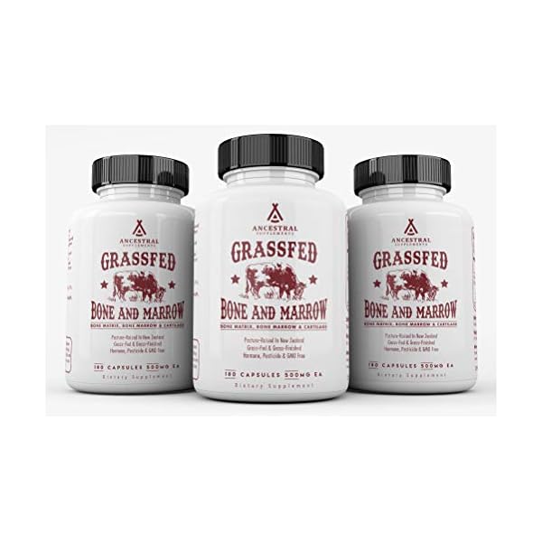 Ancestral-Supplements-Grass-Fed-Bone-and-Marrow--Whole-Bone-Extract-Bone-Marrow-Cartilage-Collagen-See-Other-Ingredients Ancestral Supplements Grass Fed Beef Bone and Marrow Supplement, 3000mg, Skin, Oral Health, and Joint Support Supplement, Promotes Whole-Body Wellness, Non GMO Whole Bone Extract, 180 Capsules