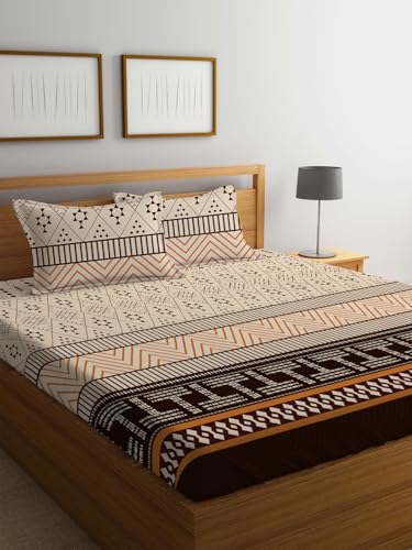 LOOMLYFE 300 TC Cotton Feel Glace Cotton Elastic Fitted Printed Super King Size Bedsheet with 2 Pillow Covers Fits Upto 12 inches Mattress,Size- 72X78 Inches, CoffeeT2