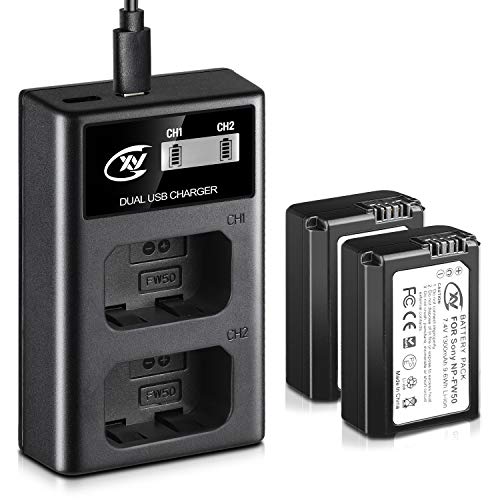 Cxy NP-FW50 Camera Batteries and Rapid LCD Dual Charger Sets for Sony A6000,A6500, A6300, A6400, A7, A7II, A7RII, A7SII, A7S, A7S2, A7R, A7R2, A55, A5100, RX10 Accessories (2-Pack,1300mAh)