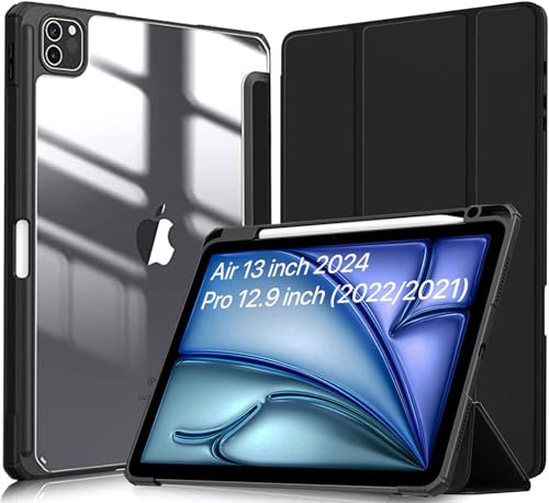Image of Robustrion for iPad Air 13 inch Cover Case /for iPad Pro 12.9 inch with [Pencil Holder] [Transparent Back] Hybrid Case Cover for iPad Air 13 inch 2024 [Auto Sleep Wake Support] - Black