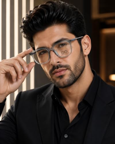 Image of Soft Square Optical Eyeglass Frame for Men & Women, Front with Metal Temples, Clear Demo Lenses, Lightweight Mixed Material Frame, Ribbed Temple Design for Prescription Lens Replacement