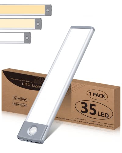 3 Color Temperatures Under Cabinet Light, 35 LED Wireless Rechargeable Battery Operated Motion Sensor Lights, Dimmable Wireless Night Lights for Under Counter, Closet, Hallway, Stairs, Wardrobe