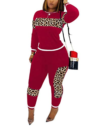 Women's Leopard Print Two Piece Outfits Casual Patchwork Bodycon Sweatsuit Tracksuit Top Pants Set with Pockets Wine XL
