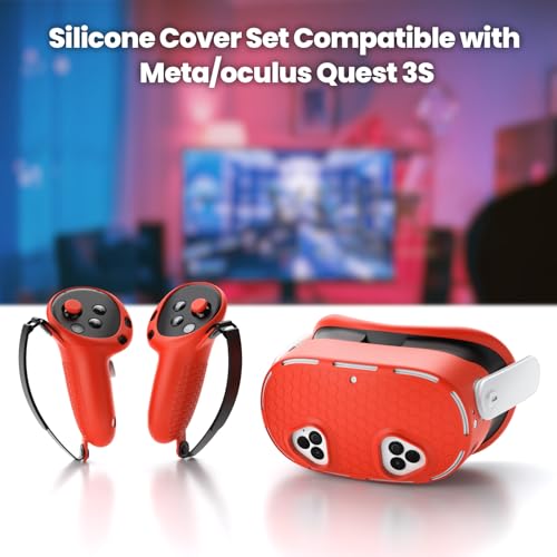 Silicone Cover Set Compatible with Meta/Oculus Quest 3s Accessories, VR Silicone Face Cover, VR Shell Cover,Touch Controller Grip Case,Camera Lens Protector Set (Red) - Thumbnail 5