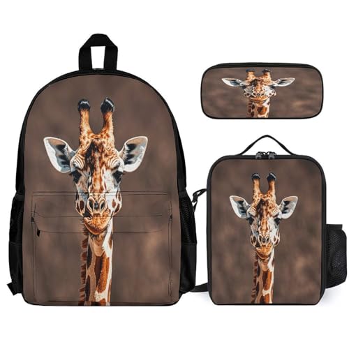 3-in-1 Backpack Combination Set Giraffe High Neck Spot Print 3Pcs Backpack Sets Travel Daypack with Lunch Bag And Cosmetic Bag