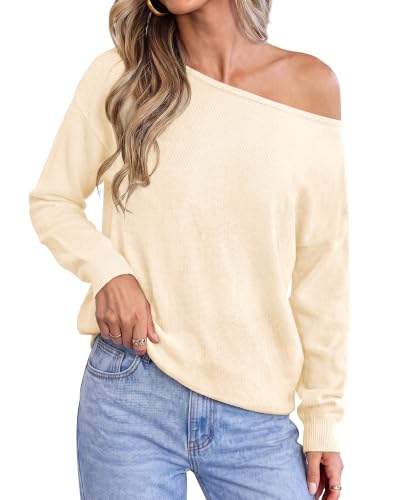 BTFBM Off The Shoulder Sweater Lightweight Going Out Top,Beige,Small