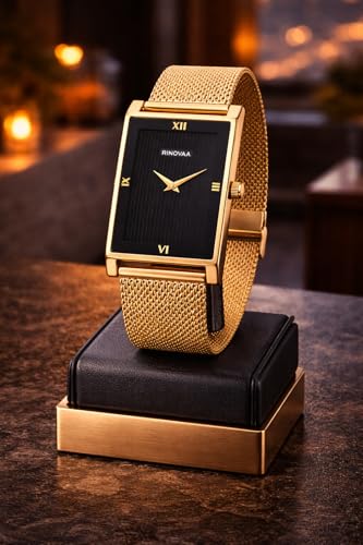 Image of Men's Rose Gold Rectangular Analog Watch | Black Textured Dial | Stainless Steel Mesh Bracelet | Premium Quartz Watch for Men