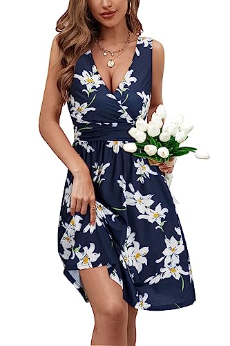 Image of OUGES Women's Summer Spaghetti Strap V-Neck Floral Short Party Dress with Pockets
